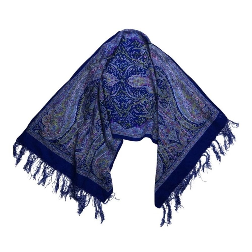 Pavlovo Posad Wool Scarf Women OS Blue Paisley Fringe Russian Shawl 100%‎ Wool